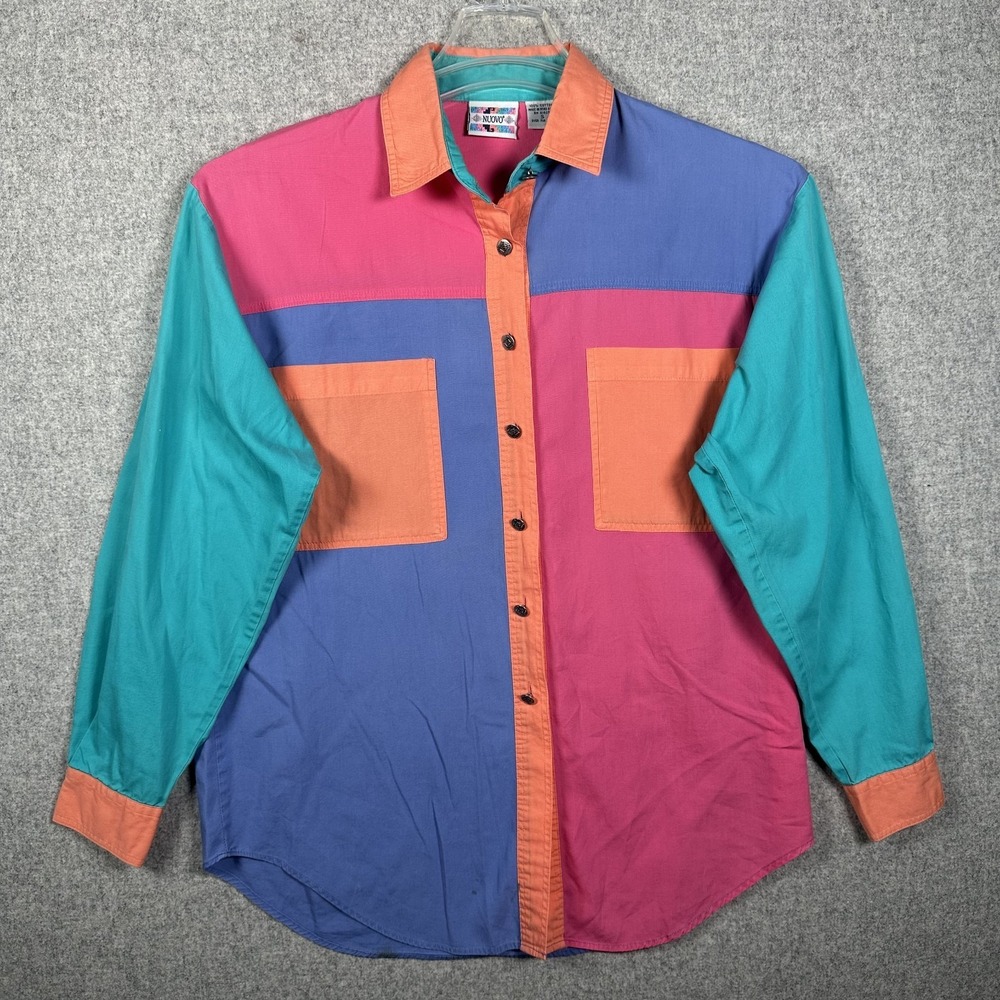 Vintage Nuovo Small Womens Top Colorblock 90s Colorful Long Sleeve Button Retro